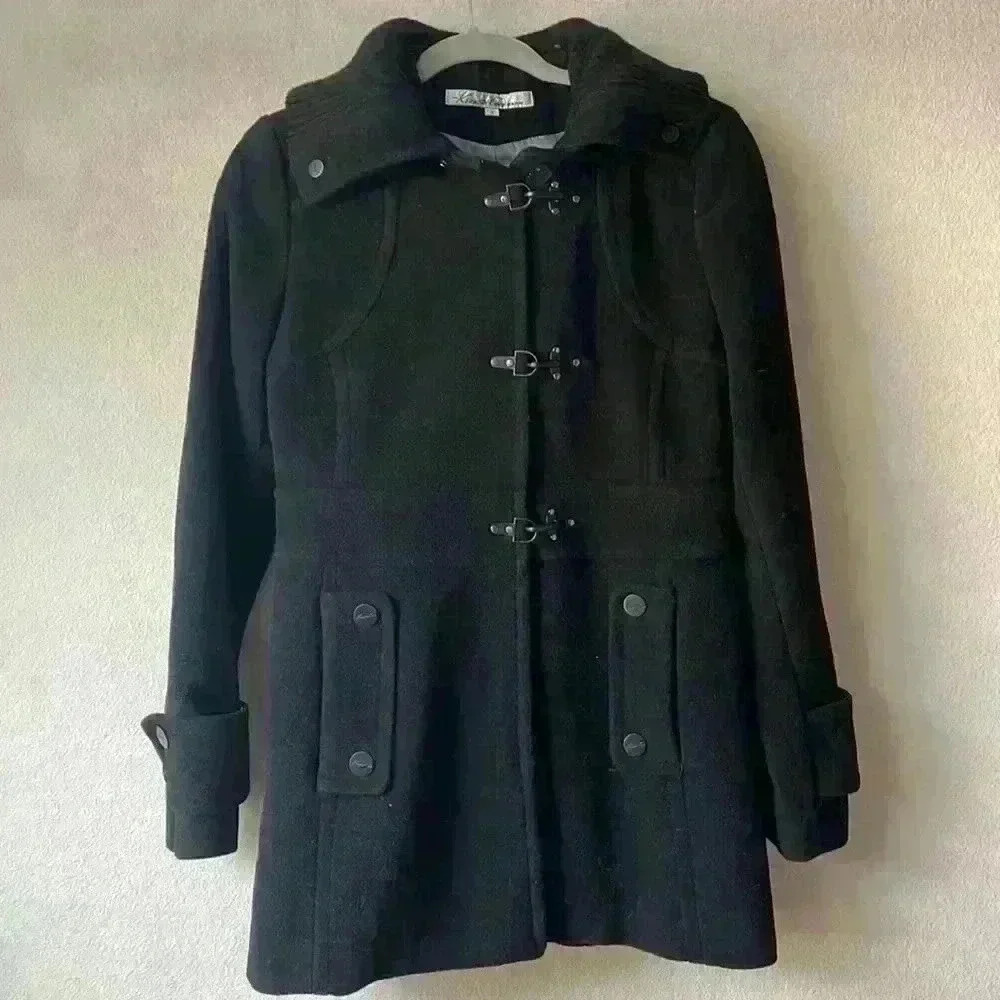 Kenneth Kole Black Wool Coat with removable Hoodie Sz 4 - Picture 2 of 12
